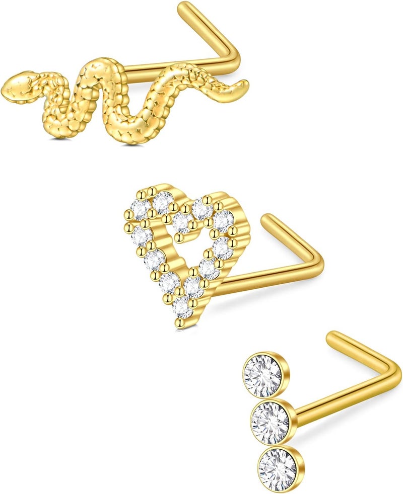 D.Bella 16G 18G 20G 22G L Shaped Nose Studs Surgical Steel 1.5mm 2mm 2.5mm 3mm Clear Colorful Diamond CZ Nose Rings Studs Nose Rings for Women Nose Nostril Piercing Jewerly Silver Gold Rose Gold Black - Image 1